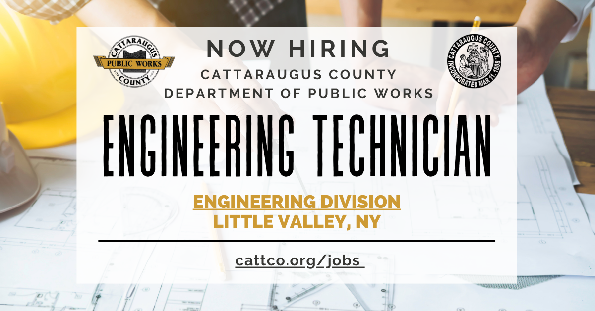 A job posting requests applicants for an Engineering Technician position (Cattaraugus County Department of Public Works).