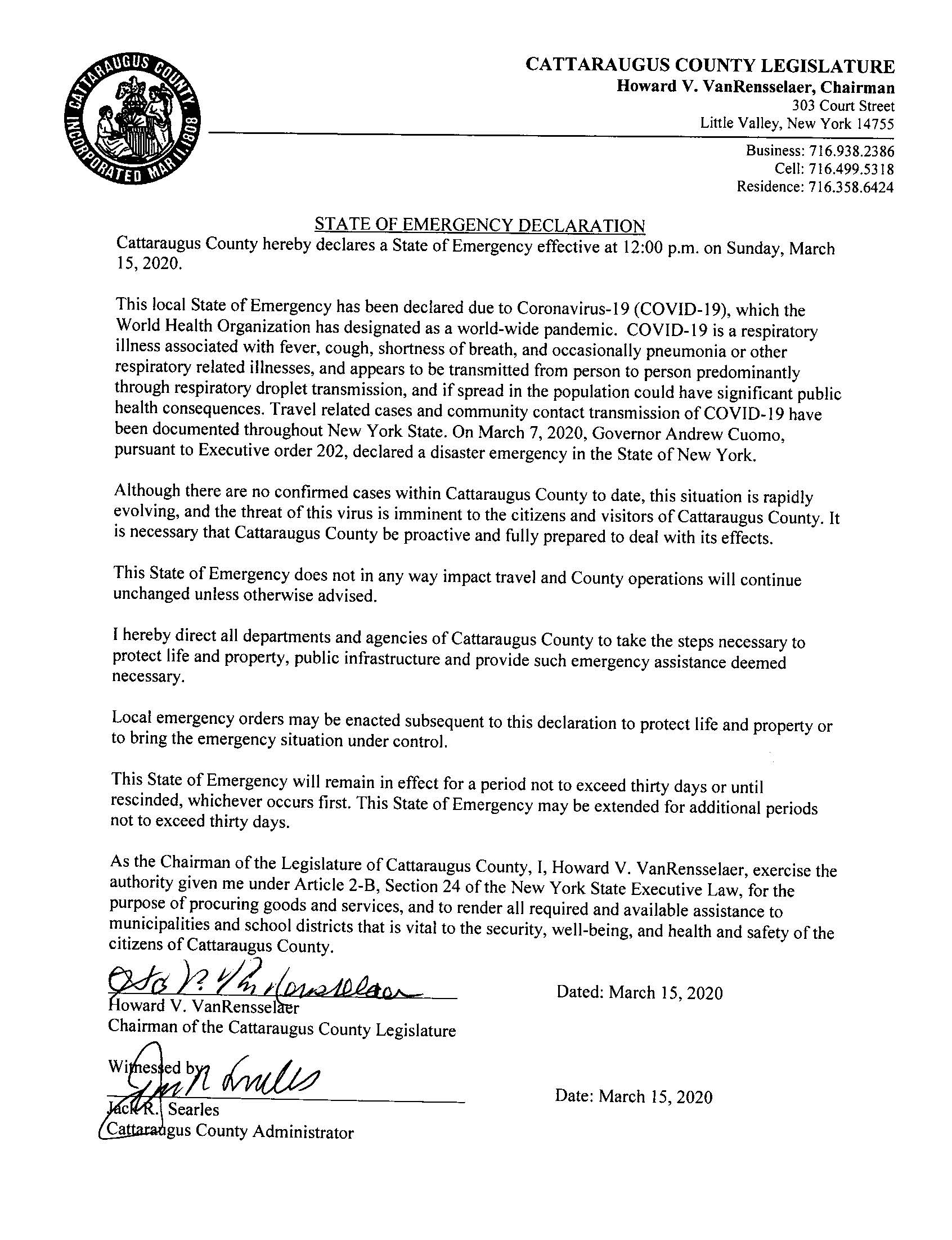 Declaration of a state of emergency in Cattaraugus County