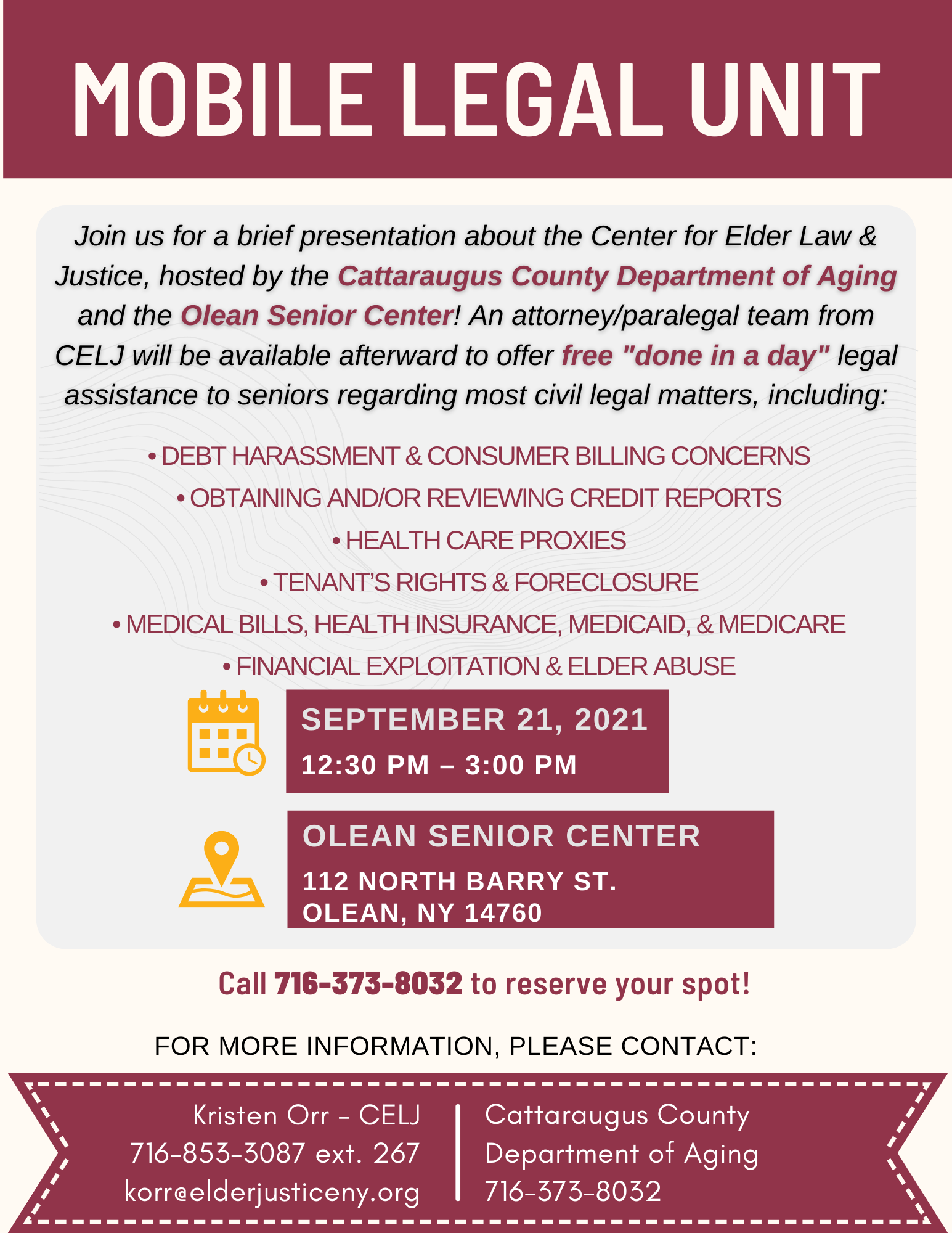 Flyer for the Mobile Legal Unit event on Sept. 21, 2021 at the Olean Senior Center