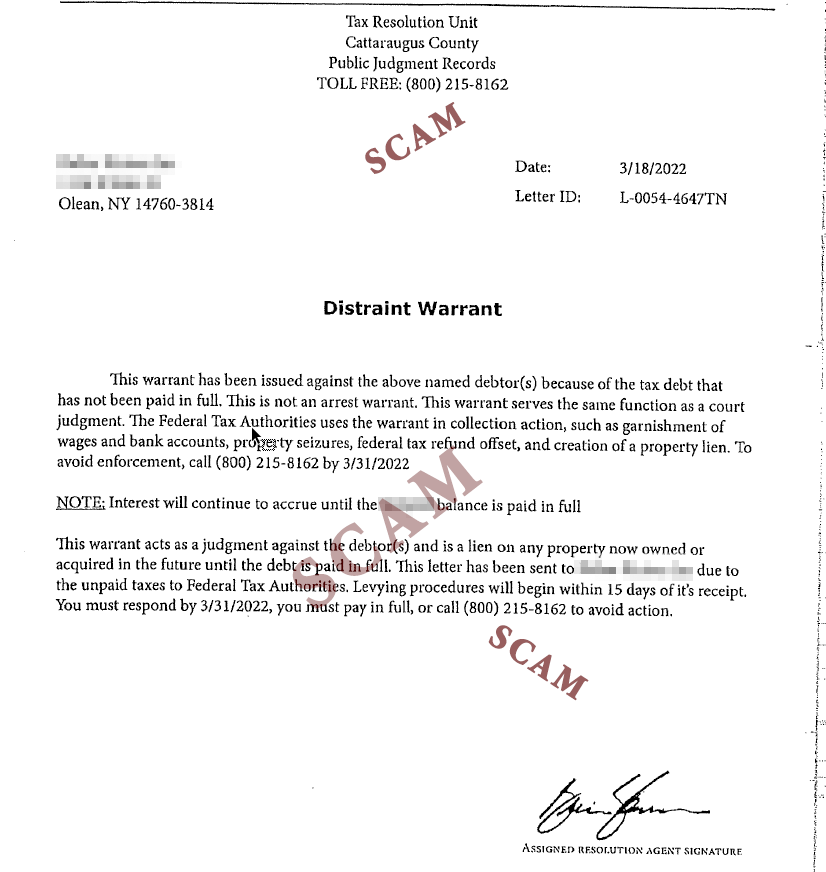 Preview of scam "Distraint Warrant" letter