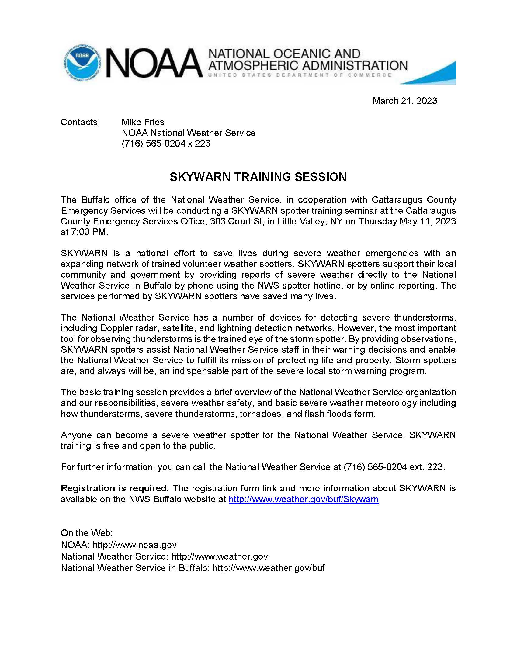 National Weather Service SKYWARN Training Session Press Release