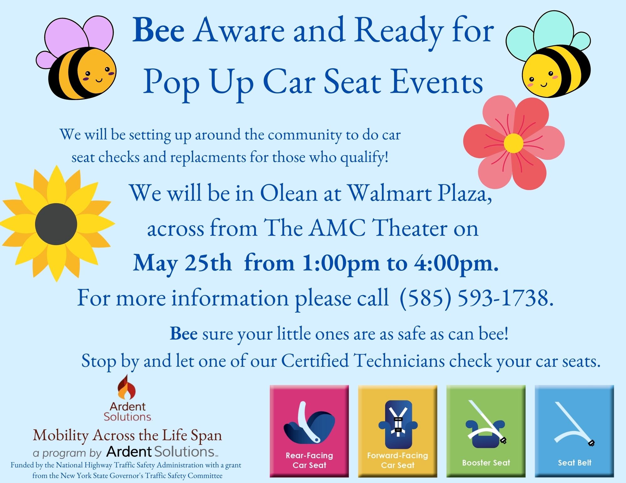 Flyer for Bee Aware and Ready for Pop Up Car Seat Events on May 25, 2022